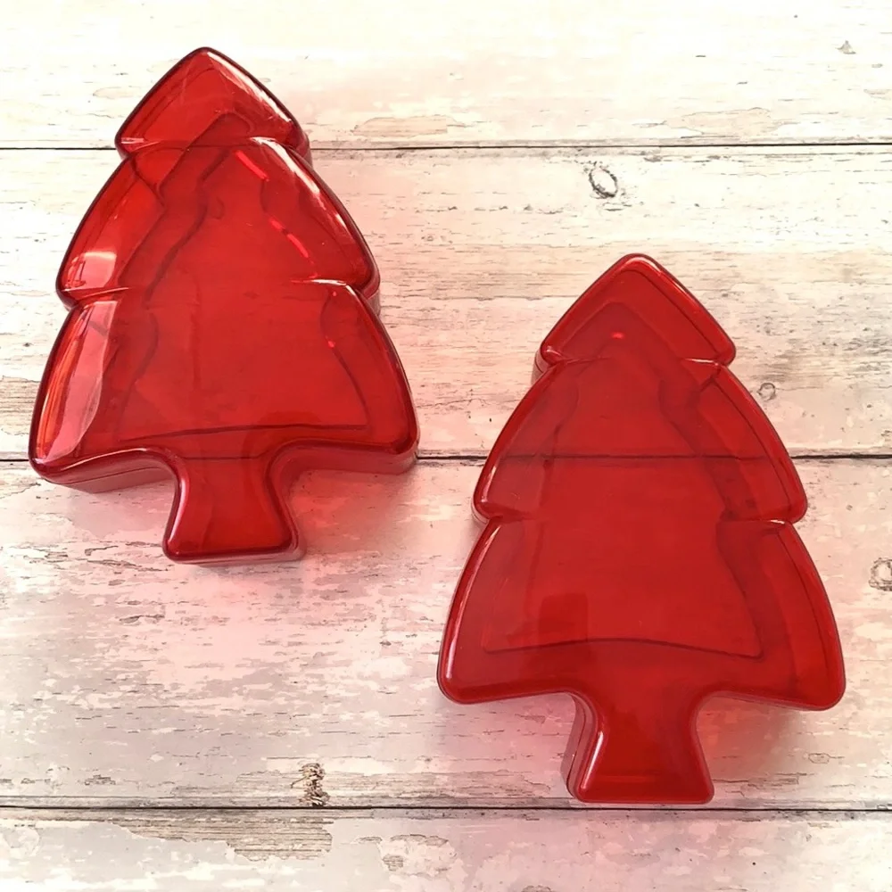 Red Christmas Holiday Trees Candy Dishes Storage See Through Containers Set of 2